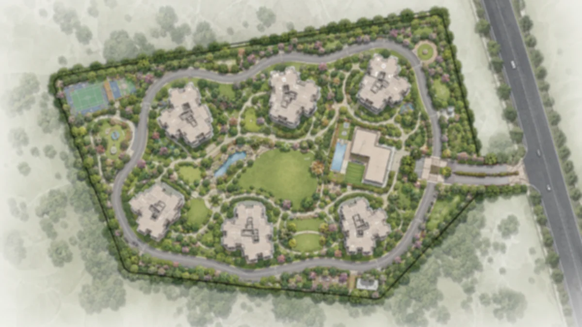 Embassy Millennium indicative master plan across 18.60 acres showing six residential tower footprints, the separate ground-floor clubhouse, the internal loop road and the entry from NH-648 Embassy Millennium indicative master plan across 18.60 acres showing six residential tower footprints, the separate ground-floor clubhouse, the internal loop road and the entry from NH-648
